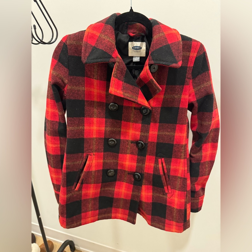Old Navy Red Plaid Peacoat